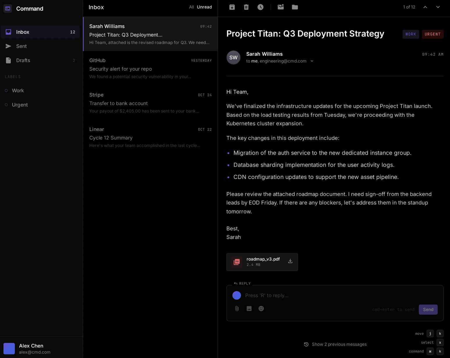 Amphomite AI email client inbox interface showing smart triage, keyboard shortcuts, and unified inbox